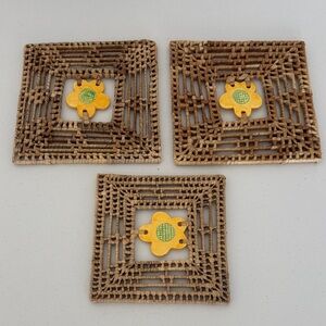 Set of Three Woven trivets with ceramic Yellow Flower Centre boho rattan wicker